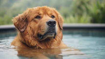 Soothing Relaxation for Your Dog concept. Dog relaxing in water, enjoying a sunny day outdoors.