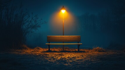 an isolated wooden concrete bench with a single street lamp overhead lighting it stands in a desolate and dark are