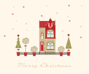 Christmas greeting card with cabin, fence and potted Christmas trees. Vector illustration