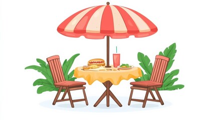 A Cozy Summer Dining Scene at a Tropical Outdoor Table with a Red and White Umbrella, Delicious Food, Refreshing Drink, and Lush Greenery in the Background