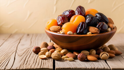 a scene featuring a ceramic bowl overflowing with a colorful variety of dry fruits, such as pistachios, walnuts, and figs.