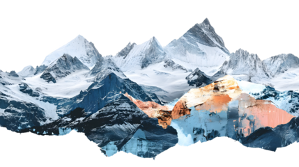 abstract collage of the swiss alps as a mixed media art-piece isolated on white background, text area, 