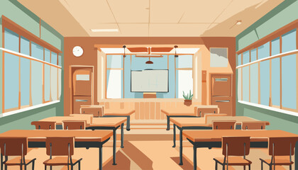 Interior of a classroom with desks, chairs and a window. Vector illustration