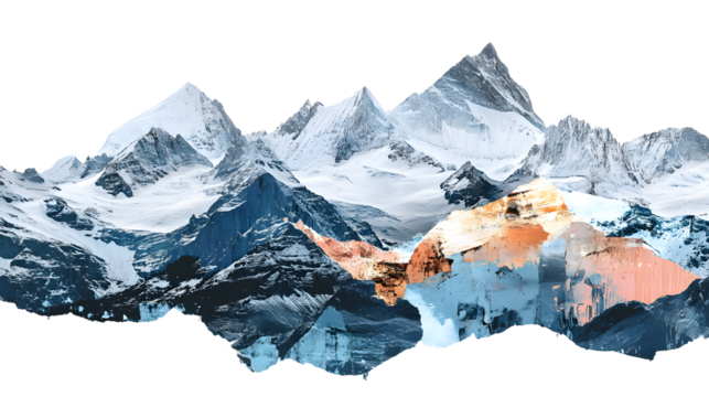 abstract collage of the swiss alps as a mixed media art-piece isolated on white background, text area, 