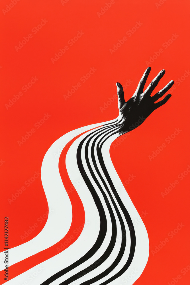 Poster exploring abstract expression: dynamic red and black hand illustration with flowing lines in concept