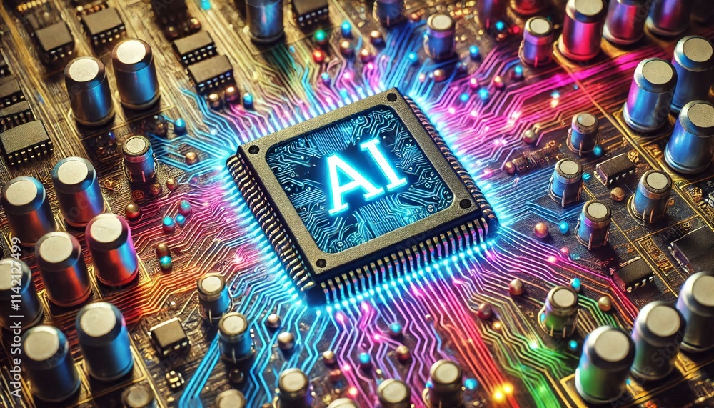 Poster ai word on microchip and colorful light spread with strong beam