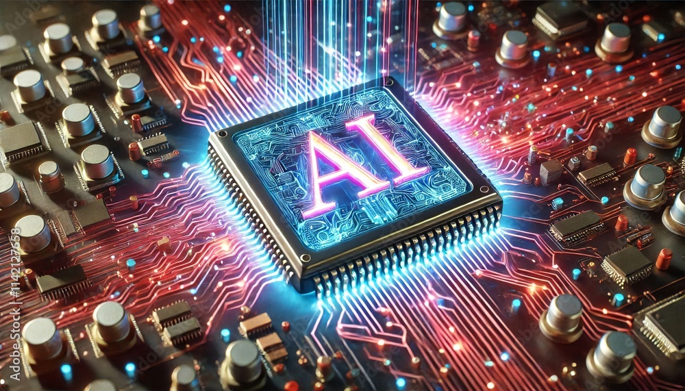 Aufkleber ai word on microchip and colorful light spread with strong beam