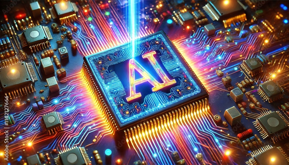 Poster AI word on microchip and colorful light spread with strong beam	