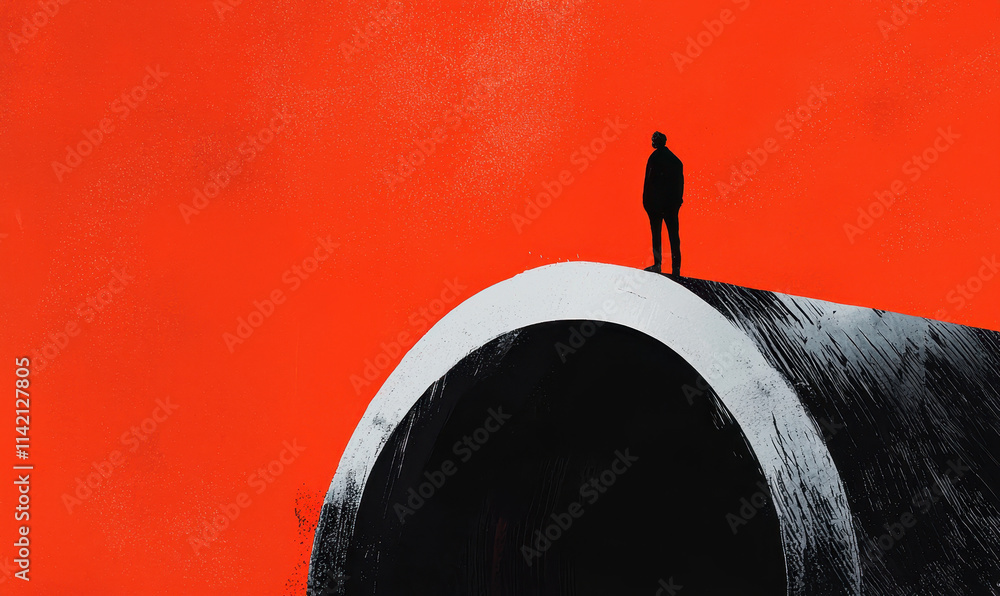 Poster abstract minimalism: solitary figure against stark red background exploring isolation and emotion