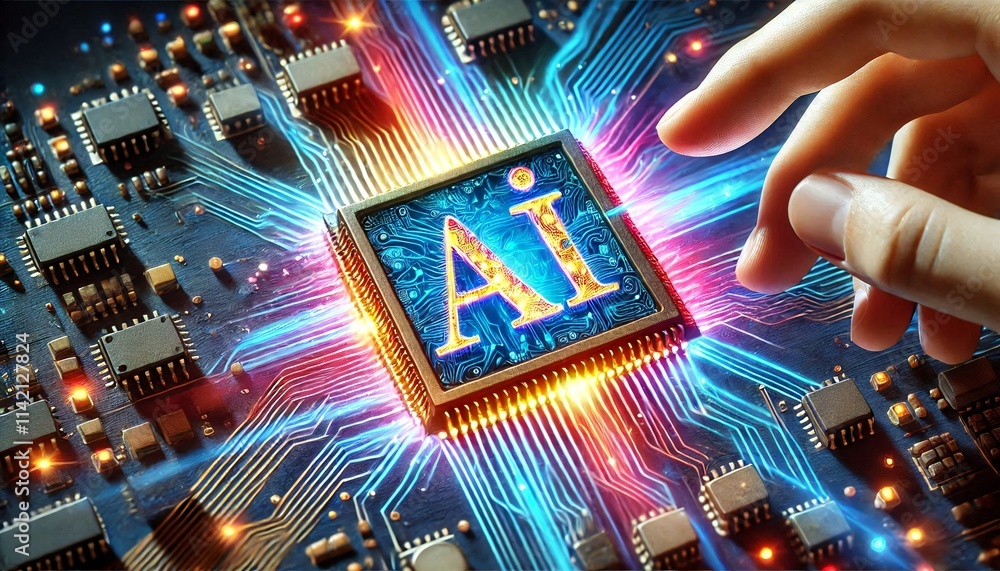 Poster ai word on microchip and colorful light spread with strong beam