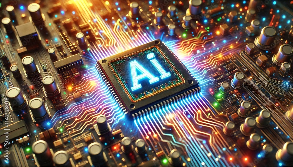 Poster AI word on microchip and colorful light spread with strong beam	
