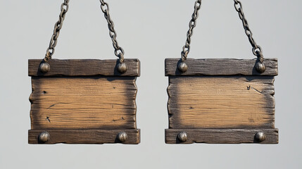 Vintage wooden signboard plaque cartoon vector set. Isolated old rustic blank wood sign board with rope and chain to use in game for show text message or notice. Timber saloon or cafe badge.