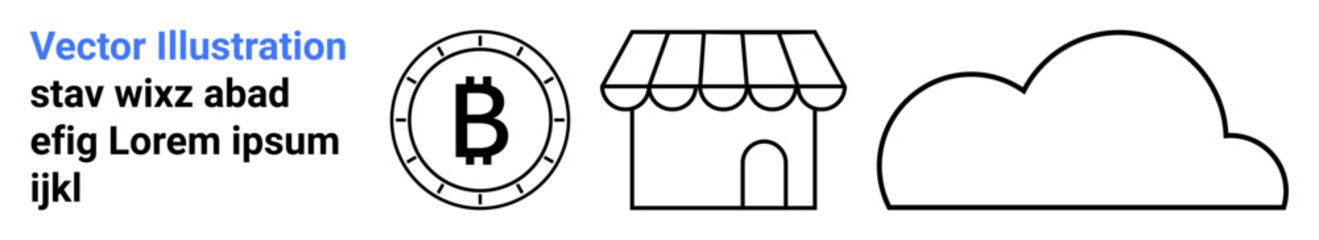 Bitcoin coin, storefront, cloud. Ideal for cryptocurrency, e-commerce, financial technology, online business, digital currency, blockchain technology, cloud services. Landing page
