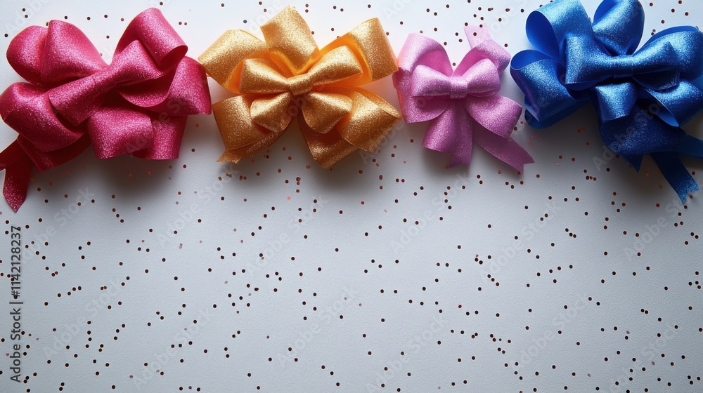Poster banner with color bows on white background top view space for text