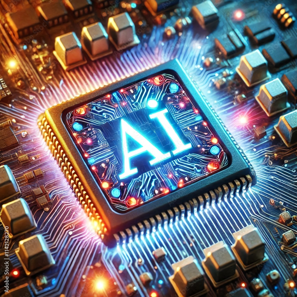 Poster ai word on microchip and colorful light spread with strong beam