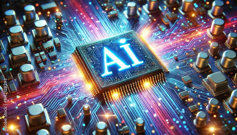 Poster AI word on microchip and colorful light spread with strong beam	