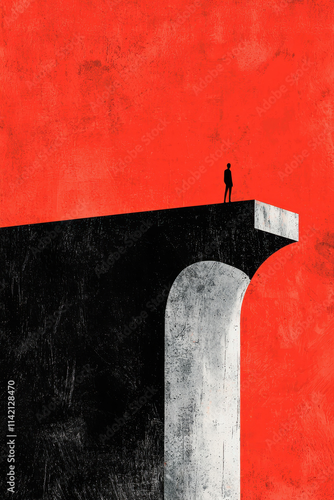 Poster a thought-provoking illustration of solitude on the edge of a bold abstract background evoking conte