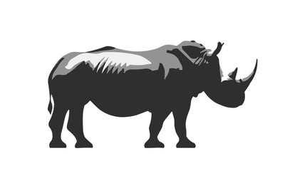 Obraz premium Black and white rhino is shown in the image. The rhino is standing on its hind legs and has a long neck. flat vector illustration