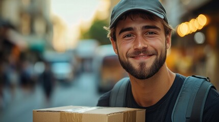 Happy delivery man in blue uniform holding cardboard box outdoors with a confident smile, friendly courier, professional service, shipping, modern logistics, urban worker