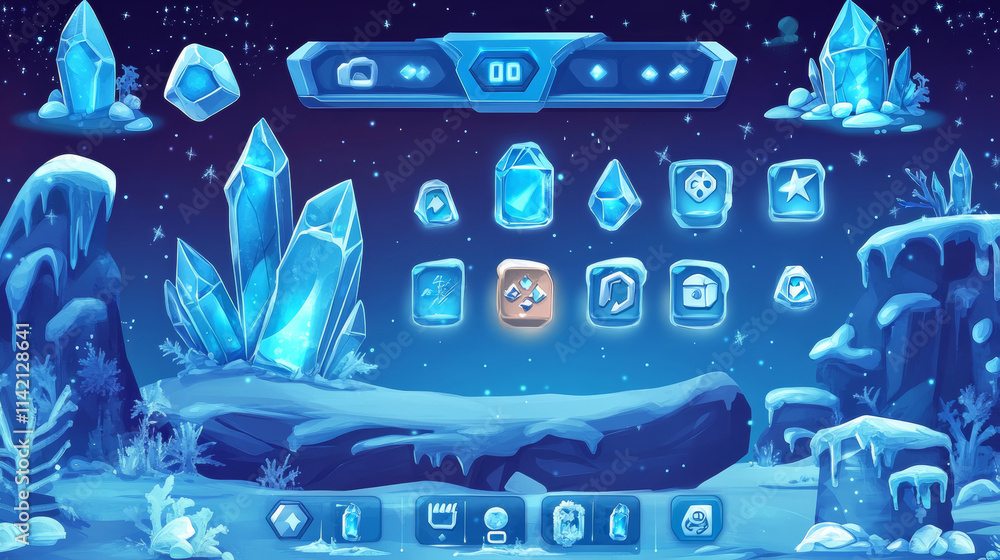 Poster ice crystals game menu, gamer ui panel with buttons, blue cartoon frozen interface with gui elements