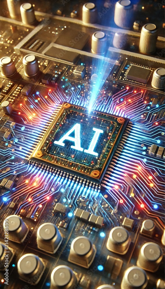Poster AI word on microchip and colorful light spread with strong beam	