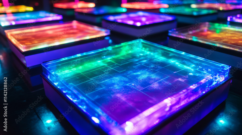 Poster set of square hologram portals with color light effect. vector realistic illustration of futuristic 