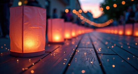  Decorative paper or glass lanterns illuminated with festive party lights, glowing in a purple and silver color palette, set against a soft background of fireflies in HD quality.