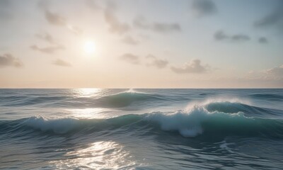 Obraz premium Gentle morning light on waves, gradient of blues and whites, calm, sea, water
