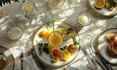 Outdoor summer dining table with food and colorful drinks  

