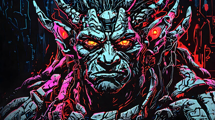 Close-up portrait of a fierce, stylized demonic creature with glowing red eyes and intricate details, set against a dark, abstract background.