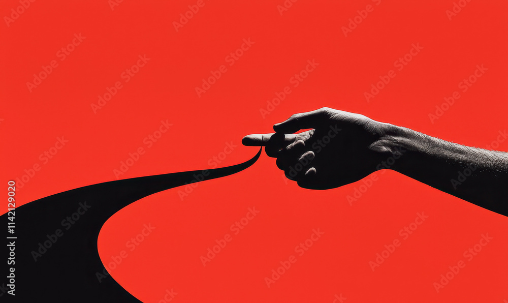 Poster exploring abstract expression: the dynamic contrast of hand and red canvas in conceptual art
