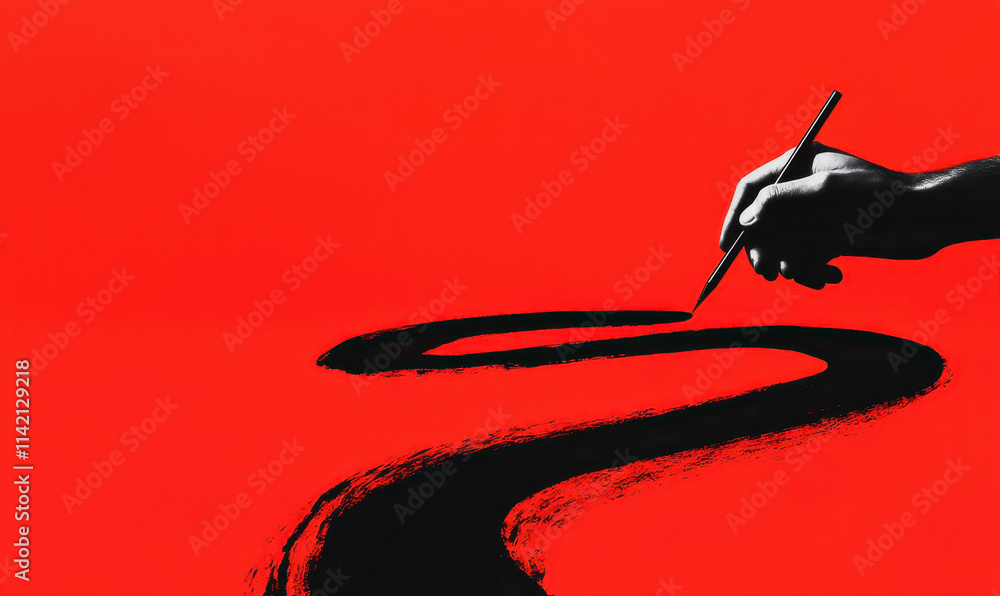 Poster dynamic brush stroke against red canvas: exploring bold expression and artistic creativity through m