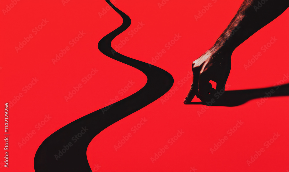 Poster exploring minimalism: the contrast of hand gesture and shadows on bold red canvas
