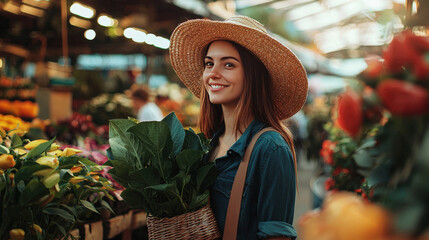 Young woman smiling in a flower market, holding green plants and wearing a straw hat, vibrant atmosphere with colorful flowers and fresh produce around her