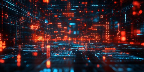 Fototapeta premium Abstract digital data stream, glowing red and blue lines forming a futuristic city.