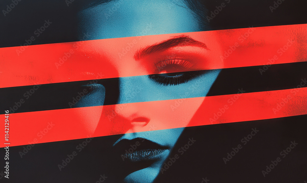 Poster captivating abstract portrait with bold neon lines creating an intense emotional contrast in modern 