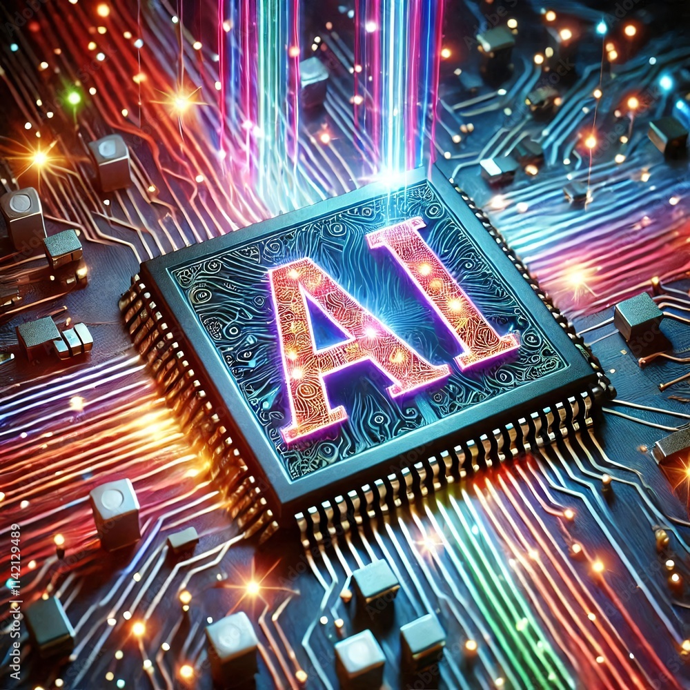 Poster ai word on microchip and colorful light spread with strong beam