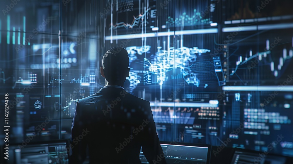 Poster futuristic financial analyst working with ai tools to enhance data analysis and decision making