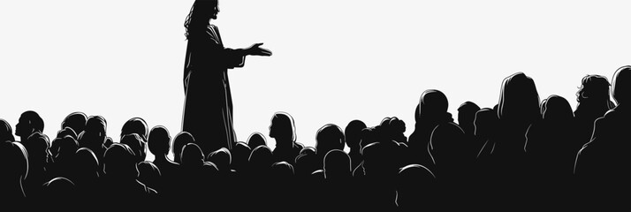 Man is standing in front of a crowd of people. He is holding a book. The crowd is made up of many people. flat vector illustration