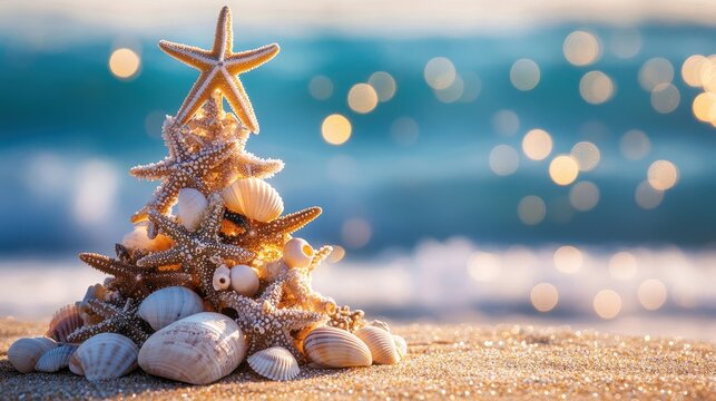 A tropical Christmas theme with starfish and seashells carefully arranged as a tree on the beach, sparkling ocean waves in the blurred background