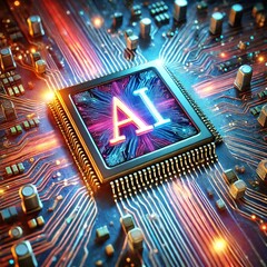 AI word on microchip and colorful light spread with strong beam	