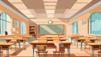 Classroom interior with empty desks, chairs and desks. Vector cartoon illustration