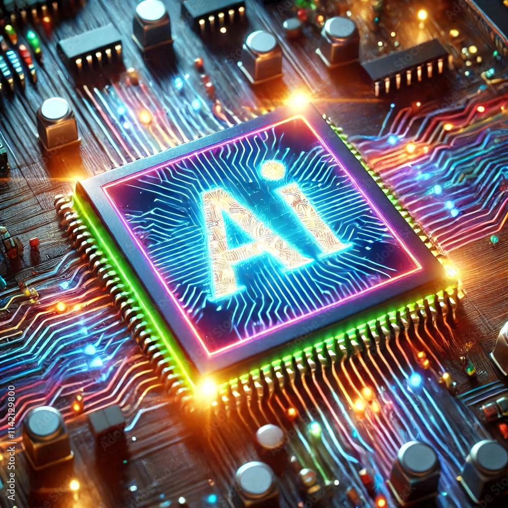 Poster ai word on microchip and colorful light spread with strong beam