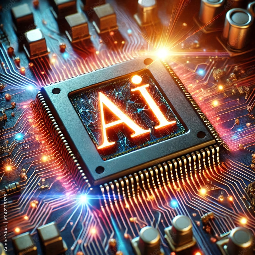Poster AI word on microchip and colorful light spread with strong beam	