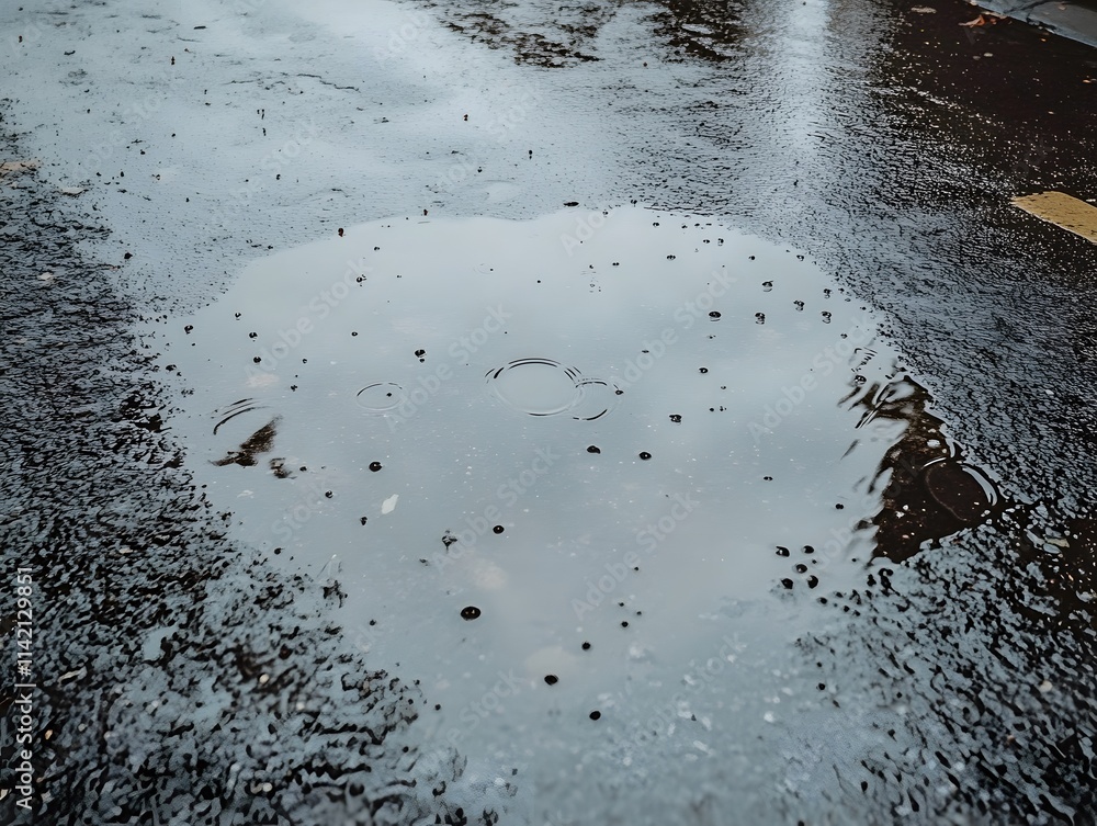 Poster a puddle on a wet surface reflecting the sky and surrounding environment.