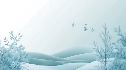 Serene Blue Landscape With Birds And Plants