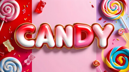 Colorful candy word art surrounded by lollipops and gummy bears on pastel background.