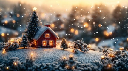 Fototapeta premium christmas and new year background christmas tree and house on a wooden table