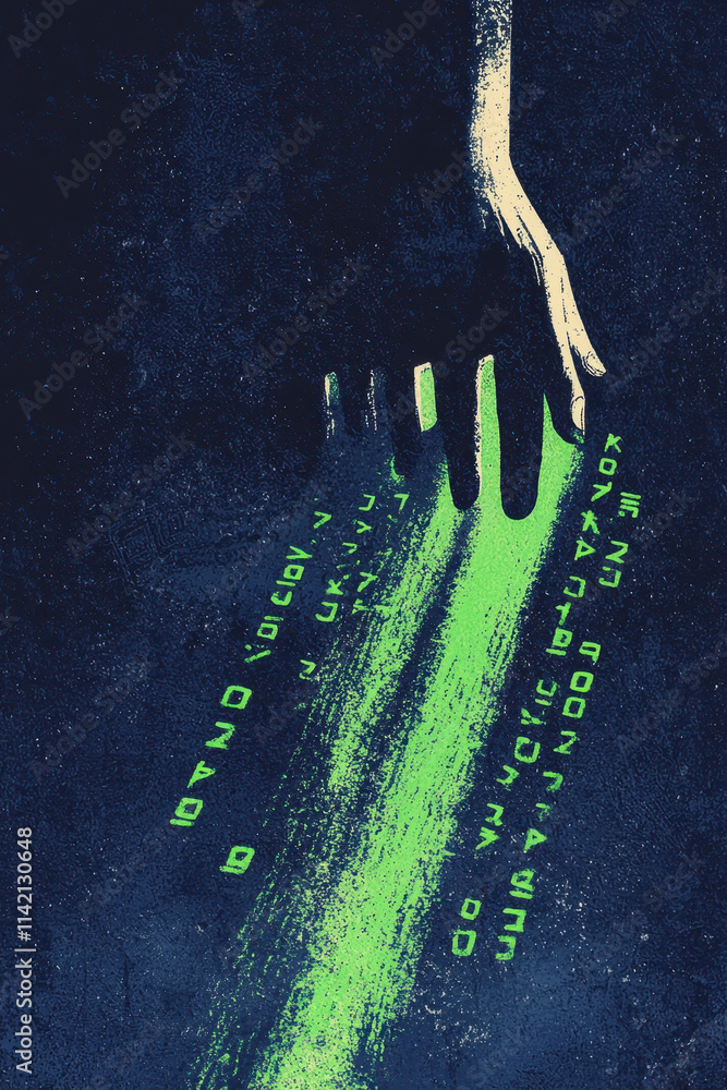 Poster abstract hand with green digital code illustrating cyber technology and the future of data in a matr