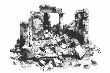 Fototapeta premium Building with a broken entrance. The entrance is missing. The building is in ruins. There are many rocks scattered around the building. flat vector illustration